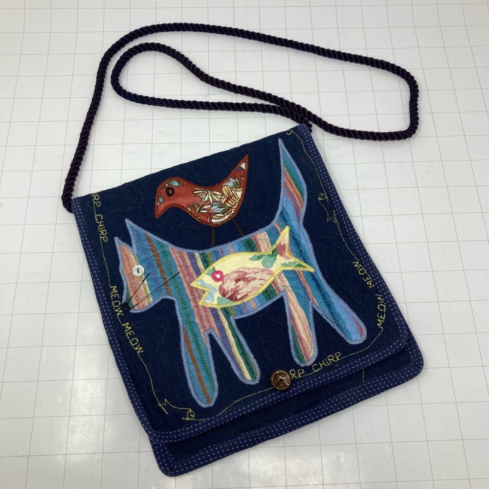 Unique handmade crossbody cat bird fish patch embroidery quilt purse funky boho